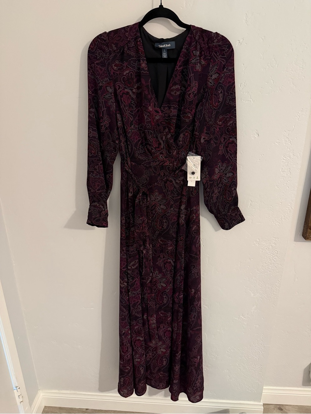 modcloth Women's Wrap Long Sleeve Paisley Wrap Maxi Dress - Plum